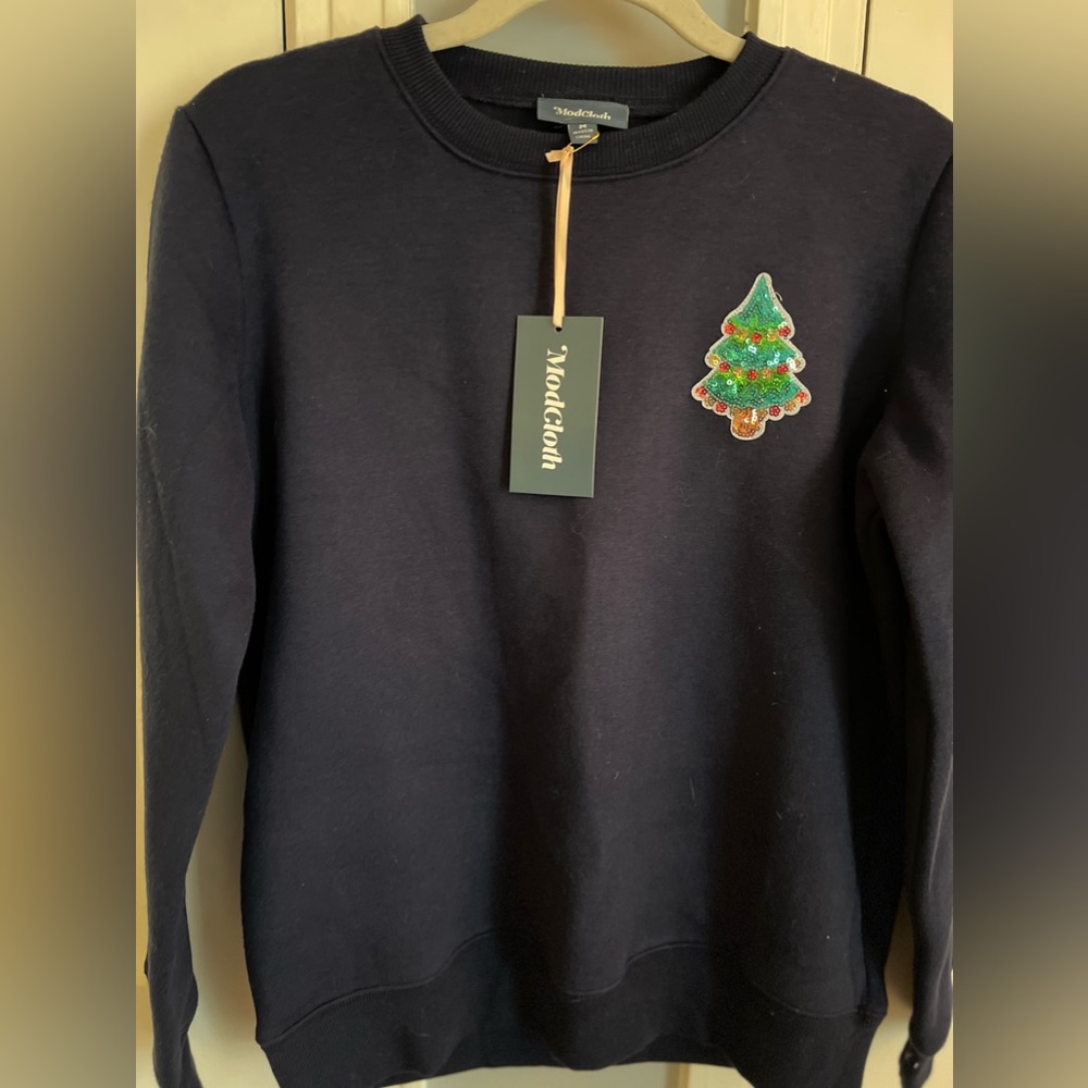 Modcloth NWT Christmas Holiday Sequined Navy Blue Sweatshirt Christmas Tree